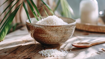 Poster - A bowl of cooked white rice is placed on a wooden table next to a wooden spoon. Generative AI