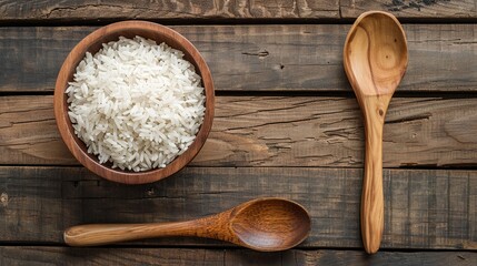 Poster - A bowl of cooked white rice sits next to a wooden spoon on a wooden table. Generative AI