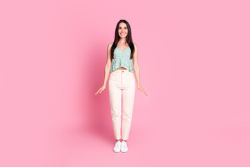 Poster - Full length photo of cheerful lovely nice woman wear stylish clothes isolated on pink color background