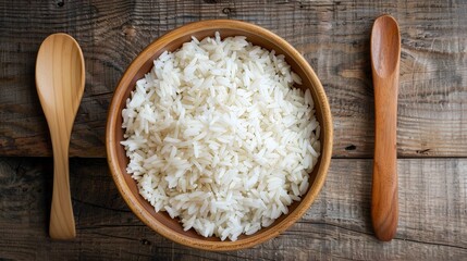Poster - A wooden bowl filled with white rice placed beside a wooden spoon on a table. Generative AI