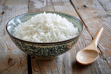 Aufkleber - A bowl of cooked white rice and a wooden spoon placed on a wooden table. Generative AI