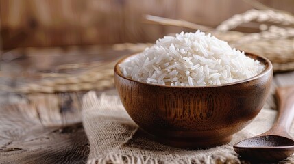 Poster - A wooden bowl filled with white rice sits next to a wooden spoon on a table. Generative AI