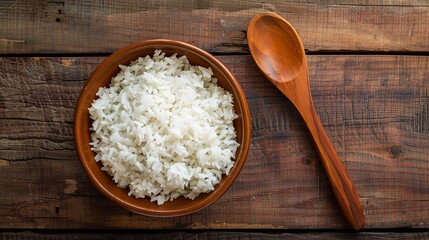 Poster - A bowl of white rice sits next to a wooden spoon on a wooden table. Generative AI