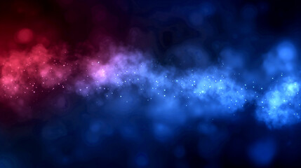 Dark abstract background with blue and red glowing particles, foggy atmosphere, blurry