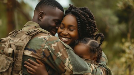 A soldier hugs a woman and a child