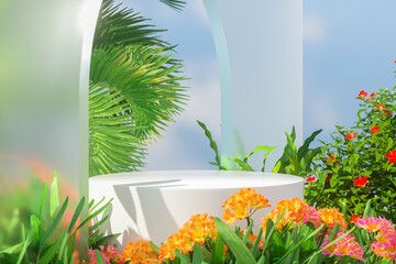 Aufkleber - Natural beauty podium backdrop for product display with summer tropical plants. 3d render.