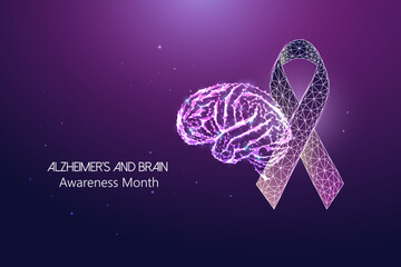 Canvas Print - Alzheimer's Disease Awareness Month concept with human brain and purple ribbon on dark background