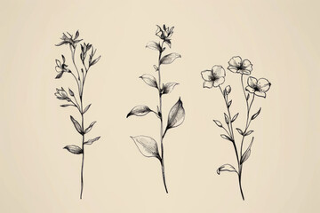 Wall Mural - minimalistic botanical graphic sketch, fashionable miniature tattoo design, vector illustration with floral elements.