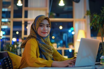 Wall Mural - Muslim woman wearing a yellow dress working in the office workplace at night.