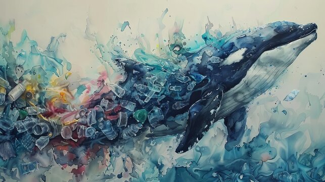 Marine animals blending with plastic waste, watercolor, soft hues, ethereal