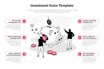 Poster - Simple infographic template for investment scam. 6 stages template with a fake piggy bank and two persons stealing investors money.