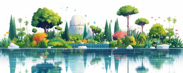 Poster - A bioengineered paradise, where lush gardens and crystal-clear lakes are home to a diverse array of genetically-modified flora and fauna.   illustration.