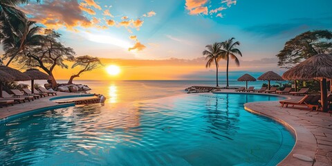 Sandals by luxury resort pool during summer at tropical beach travel destination at sunset illustration