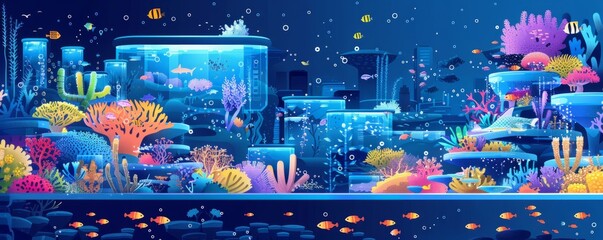 Wall Mural - An aquarium complex with genetically modified marine creatures and ecosystems.   illustration.