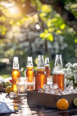 Wall Mural - glass bottles with beer on the background of nature. Selective focus