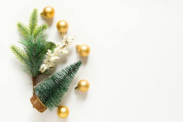 Wall Mural - festive xmas decoration gold toys. empty space for copy space. flat lay, top view. new year backgrou