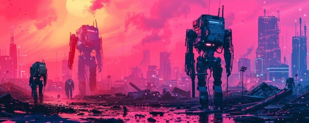 Wall Mural - A cybernetic battlefield where mechanized warriors clash amidst the ruins of a futuristic city, their weapons and armor gleaming in the harsh glow of neon lights.   illustration.