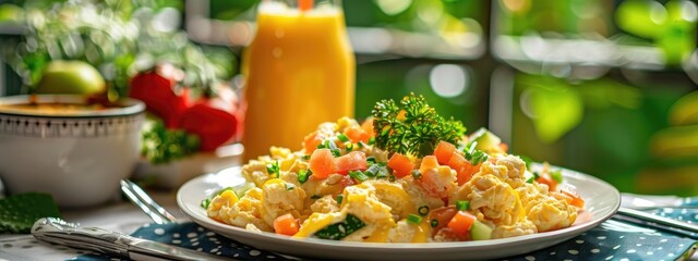 Wall Mural - Nutritious breakfast of scrambled eggs with vegetable