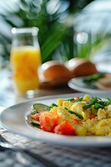 Wall Mural - Nutritious breakfast of scrambled eggs with vegetable