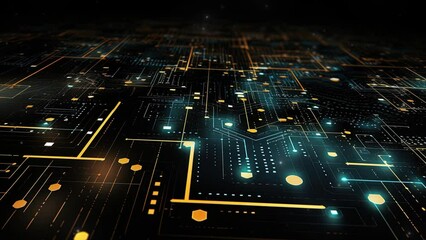 Poster - Abstract technology graphic using binary code, flowcharts, hexagonal line. Futuristic background tech animation. Artificial intelligence digital technologies. Future Technology. Technological timeline