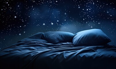 Wall Mural - a bed with a blue comforter and pillows in front of a night sky full of stars
