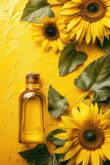 Wall Mural - sunflower oil close-up top view. Selective focus