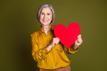 Sticker - Photo of charming positive woman wear shirt rising red heart empty space isolated khaki color background