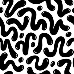 Aufkleber - Blob shapes black and white seamless repeat vector pattern. Liquid, organic y2k style squiggles, groovy doodle bold lines, scribbles, wavy stripes. Fluid paint stains, trendy chaotic background. 