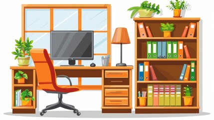 Fototapete - Window workspace interior furniture in home office on white background. Computer, plant, lamp and book shelf set on work desk. Monitor in cabinet environment and decoration element icon.