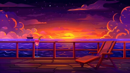 Wall Mural - Modern cartoon background of sunset sea view from cruise ship deck. Yacht railing with chair and cocktail on terrace in summer ocean under purple and orange evening sky. Luxury embankment to relax