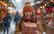 © tongpatong - Walking with her family at the Christmas market, a happy girl is holding a gift box.