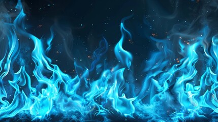 Wall Mural - An overlay of blue fire on a realistic background. A flying light ice energy particle. Neon smoke texture. A panorama of snow in the air.