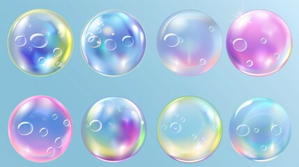 Wall Mural - An illustration of soap bubbles isolated on a transparent background. Iridescent water balls with shiny rainbow color surfaces, laundry foam, symbol of freedom and childhood fun.