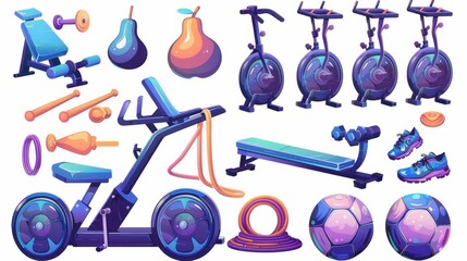 Wall Mural - Sport gym exercise equipment cartoon set with weights, elliptical trainers, balls, jump ropes, and dumbbells. Isolated aerobic element collection with wheel roller.