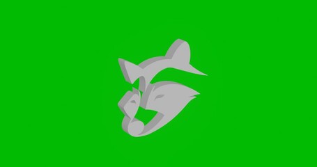 Poster - Animation of rotation of a white raccoon head symbol with shadow. Simple and complex rotation. Seamless looped 4k animation on green chroma key background