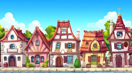 Wall Mural - An ancient Amsterdam road with a vintage cottage exterior in a german town street landscape. An old building in an old europe village in a cartoon fantasy city.