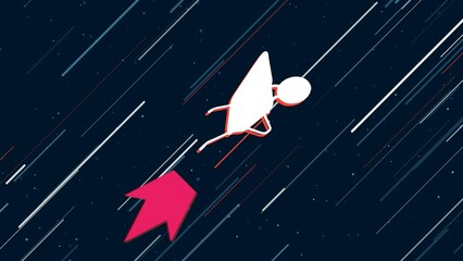 Poster - Garden cart flies through the universe on a jet propulsion. The symbol in the center is shaking due to high speed. Seamless looped 4k animation on dark blue background with stars