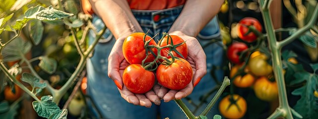 Wall Mural - Harvest in the hands of a woman in the garden. Selective focus.