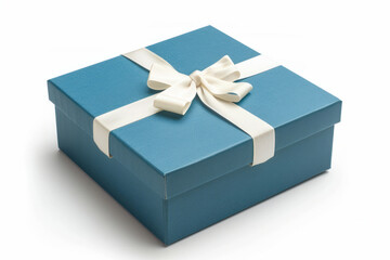 A blue gift box with a white ribbon on a white background. A gift idea. Gift packaging.