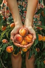 Wall Mural - peach in the hands of a woman in the garden. Selective focus.