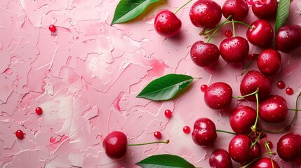 Wall Mural - Fresh red cherries on a pink background. Copy space. Top view.