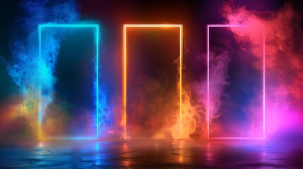 Wall Mural - This realistic modern illustration set of light futuristic doors and portals with steam is made up of rectangular and round shapes with a colored line luminous cyber border around them.