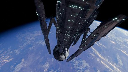 Wall Mural - spaceships and big spacestation in orbit above planet in space