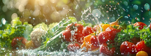 Wall Mural - Various wet wash vegetables splash. Selective focus.