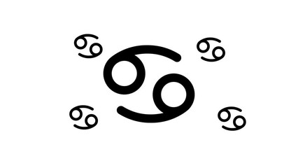 Poster - Zoom in and out animation the cancer zodiac symbol. Large black symbol in the center and four small symbols around. Seamless looped 4k animation on white background