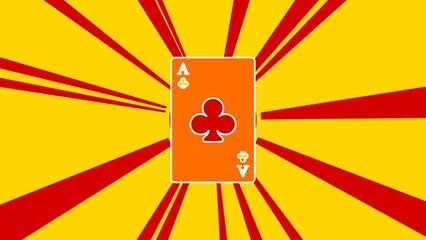 Poster - Ace of clubs card on the background of animation from moving rays of the sun. Large orange symbol increases slightly. Seamless looped 4k animation on yellow background