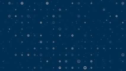 Poster - Template animation of evenly spaced peace symbols of different sizes and opacity. Animation of transparency and size. Seamless looped 4k animation on dark blue background with stars