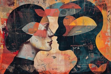 A painting depicting two individuals in a face-to-face interaction. Suitable for various communication concepts