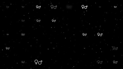 Poster - Template animation of evenly spaced gender symbols of different sizes and opacity. Animation of transparency and size. Seamless looped 4k animation on black background with stars