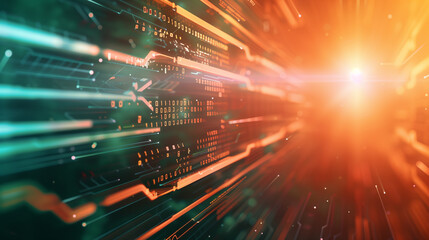 A computer screen with a blue background and red and orange lines. The lines are in different sizes and colors, creating a sense of movement and energy. The image conveys a futuristic